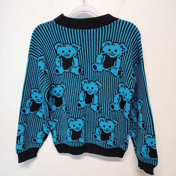 Vintage 80s Adele Knitwear Teddy Bear Sweater Size M Blue Allover Print Retro - Picture 5 of 10